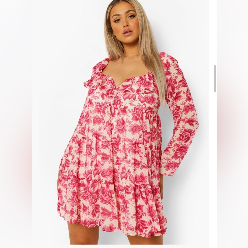 Boohoo Pink Floral Deep Smock Babydoll Vneck Flowy Long Sleeve Dress with Slip